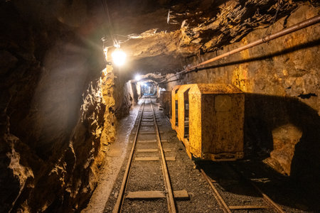 This narrow mine shaft in Jachymov, Czechia features a single rail track leading into the darkness. An aged cart rests nearby, reflecting the history of mining in the area.の写真素材