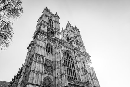 Magnificent towers of Westminster Abbey rise against a clear sky in London. The architectural details showcase the Gothic style, inviting admiration from visitors and locals alike.の写真素材