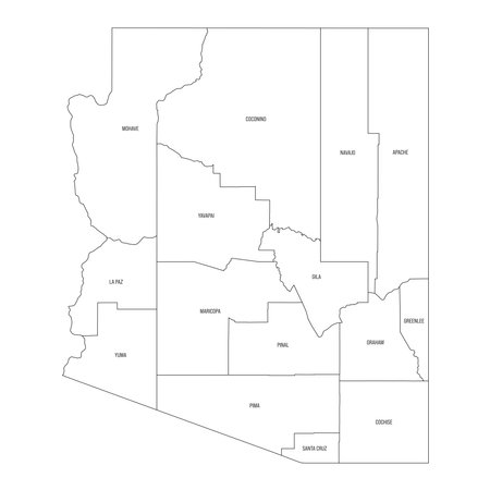 Arizona, AZ - detailed political map of US state. Administrative map divided into counties. Thin black outline map with county name labels. Vector illustrationのイラスト素材