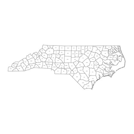 North Carolina, NC - detailed political map of US state. Administrative map divided into counties. Thin black outline map with county name labels. Vector illustrationのイラスト素材