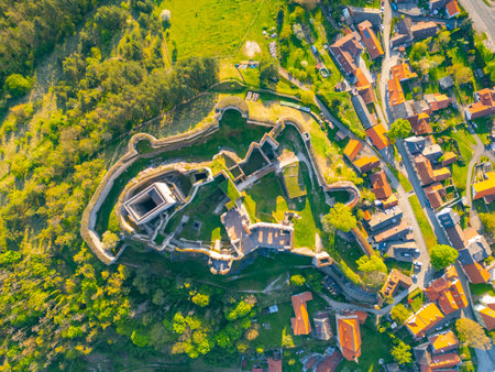Majestic Rabi Castle ruins stand amidst lush greenery and nearby village roofs. An aerial perspective highlights the historical significance and scenic beauty of this landmark in Czechia.の写真素材