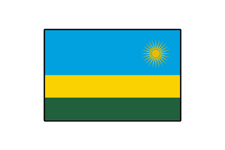The vibrant flag of Rwanda features horizontal stripes of blue, yellow, and green, with a radiant sun in the upper right corner symbolizing hope and prosperity for the nation.のイラスト素材