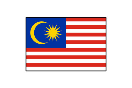 The flag of Malaysia features alternating red and white stripes, with a blue canton displaying a yellow crescent and a 14-point star, symbolizing unity and sovereignty.のイラスト素材