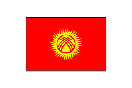 The design features the flag of Kyrgyzstan, showcasing a vibrant red background with a central yellow sun surrounded by a series of twelve rays and a distinctive traditional yurt motif.のイラスト素材