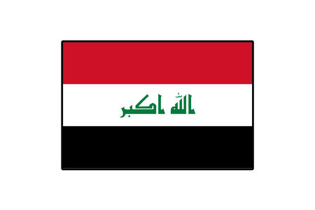 This vector showcases the national flag of Iraq, featuring red, white, black, and green colors, symbolizing the countrys heritage and unity. The design includes Arabic script central to its identity.のイラスト素材