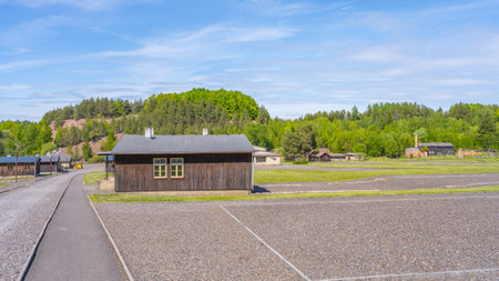 Located in Lesetice, Czechia, this memorial site reflects on the history of oppression under communism. Visitors can see former prison buildings surrounded by nature.の写真素材