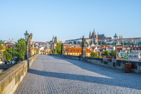 A stunning view showcases the historic Charles Bridge leading to Prague Castle, featuring cobblestone pathways and charming rooftops under a clear blue sky.の写真素材