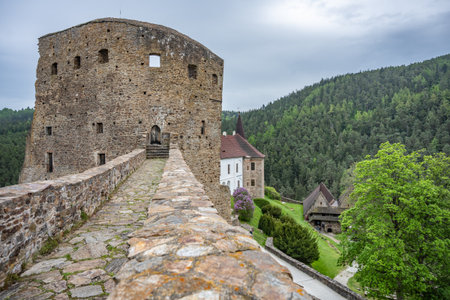 Visitors walk along the stone bridge of Velhartice Castle in Czechia, enjoying the view of the rustic architecture and surrounding lush greenery on a cloudy day.の写真素材