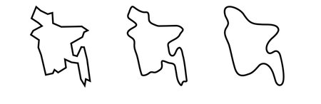 Bangladesh country black outline silhouettes in three different levels of smoothness. Simplified maps. Vector icons isolated on white background.のイラスト素材