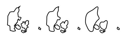 Denmark country black outline silhouettes in three different levels of smoothness. Simplified maps. Vector icons isolated on white background.のイラスト素材