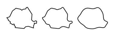Romania country black outline silhouettes in three different levels of smoothness. Simplified maps. Vector icons isolated on white background.のイラスト素材