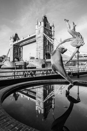 Girl with a Dolphin - statue of a girl playing with a dolphin stands near the iconic Tower Bridge in London. The artwork features a reflective surface, enhancing the enchanting scene of the city.の写真素材