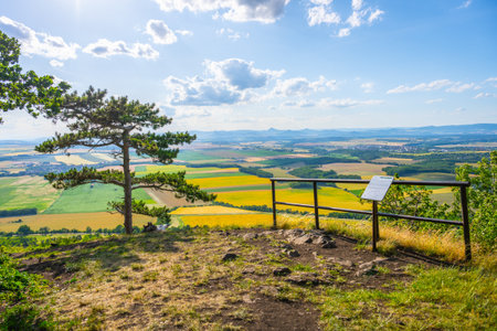 Nestled on Rip Mountain, Roudnice Lookout Point provides breathtaking vistas of rolling fields and distant hills under a clear blue sky. A perfect spot for nature lovers and hikers.の写真素材