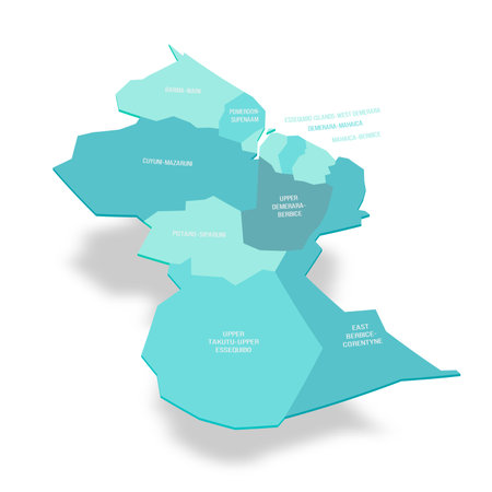 Guyana political map of administrative divisions - regions. 3D turquoise vector map with name labels.のイラスト素材