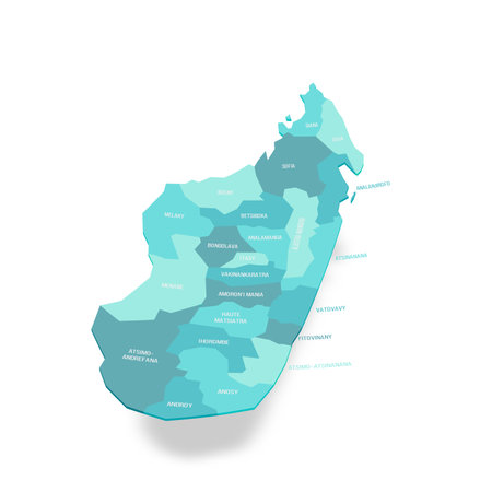 Madagascar political map of administrative divisions - regions. 3D turquoise vector map with name labels.のイラスト素材