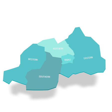 Rwanda political map of administrative divisions - provinces. 3D turquoise vector map with name labels.のイラスト素材