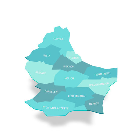 Luxembourg political map of administrative divisions - cantons. 3D turquoise vector map with name labels.のイラスト素材