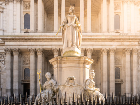 This statue of Queen Anne stands prominently outside St. Pauls Cathedral in London.の写真素材