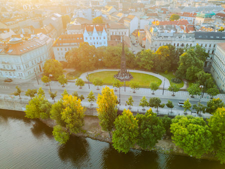 Aerial view of the Park of the National Awakening in Prague, featuring Kranners Fountain surrounded by greenery along the Vltava River in the heart of the city.の写真素材