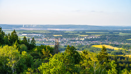 Hradek nad Nisou is visible with its scenic landscape, surrounded by lush greenery and fields.の写真素材