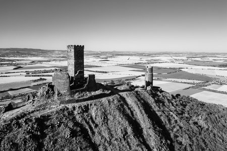Perched atop a hill in the Central Bohemian Uplands, Hazmburk castle ruins stand as a testament to medieval architecture.の写真素材