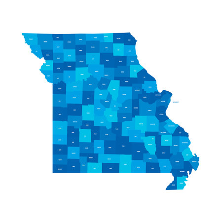 Missouri, MO - detailed political map of US state. Administrative map divided into counties. Blue map with county name labels. Vector illustrationのイラスト素材