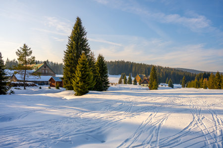 Snow blankets the Orle Settlement in the Jizera Mountains, Poland. The scene showcases quaint buildings nestled among evergreen trees under a clear winter sky.の写真素材
