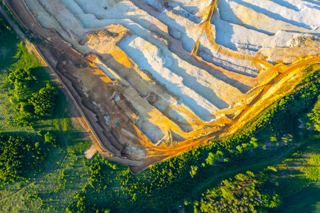 The sandstone quarry at Strelec in Czechia. Workers extract sandstone from the ground while large machinery operates nearby. The landscape features trees and earth moving.の写真素材