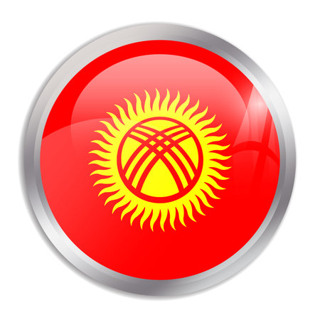 Kyrgyzstan flag - glossy circle button in metal frame displays a colorful flag of a country cultural identity and heritage. The essence of national pride and unity.のイラスト素材