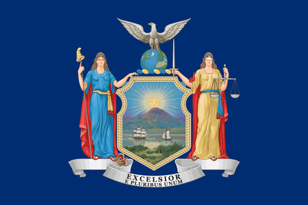 New York state flag 3-2 ratio. Part of The United States of America. Clean design for print, web, or educational use. Vector illustration.のイラスト素材
