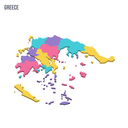 Greece political map of administrative divisions - decentralized administrations and autonomous monastic state of Mount Athos. Colorful isometric blank vector map.のイラスト素材
