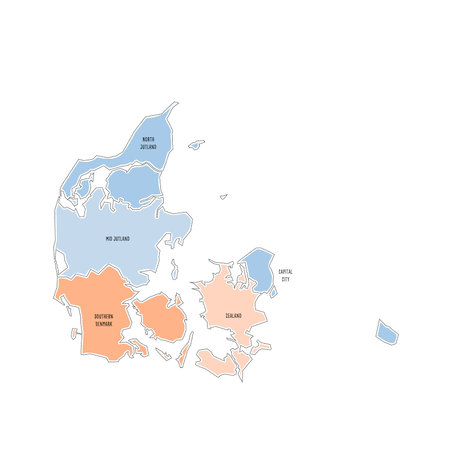 Denmark political map of administrative divisions - regions. Colorful handdrawn doodle style map...