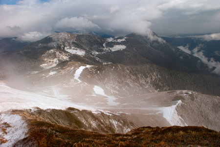 Early spring in mountains Carpathians, snow.