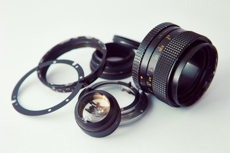 disassembled lens on a white backgroundの写真素材