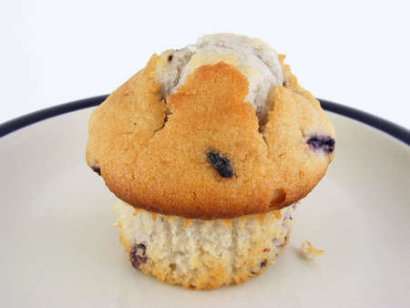 A blueberry muffin on a plate against a white background.の写真素材