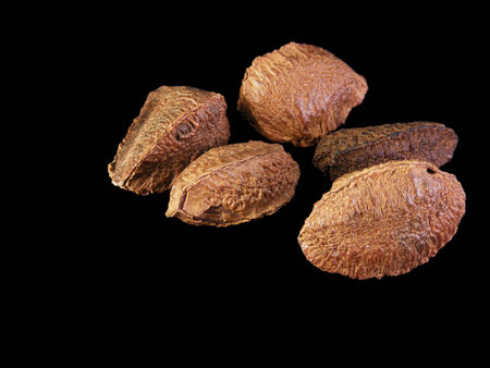Unshelled brazil nuts against a black background.