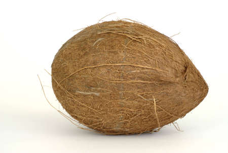 A single coconut against a white background with light shadows below.の写真素材