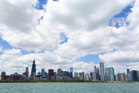 Chicago city skyline by the lake with cloudy skyの写真素材