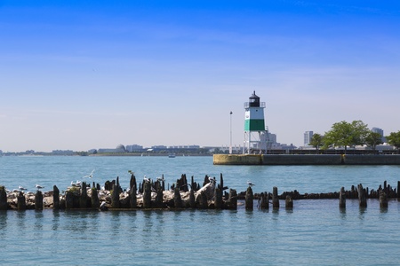 Chicago harbor lighthouse with breakwater in the summerの写真素材