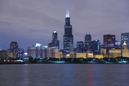 Chicago lakeshore skyline by night with colorful illuminationの写真素材