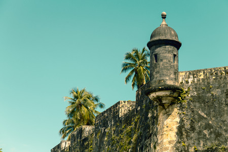 Historic Spanish lookout tower on tall fortress walls in San Juan, Puerto Ricoのeditorial素材