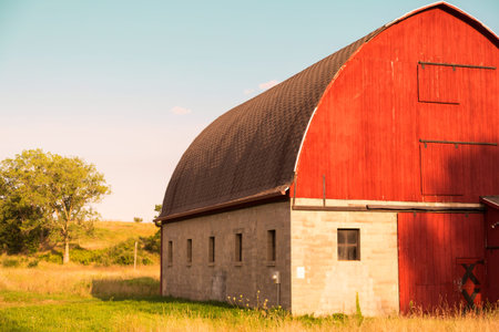 red barn in afternoon sun in the tranquil countrysideのeditorial素材