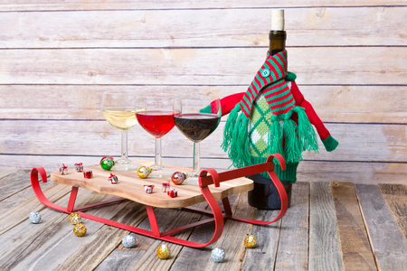 Wine flight with colorful holiday decorationsの写真素材