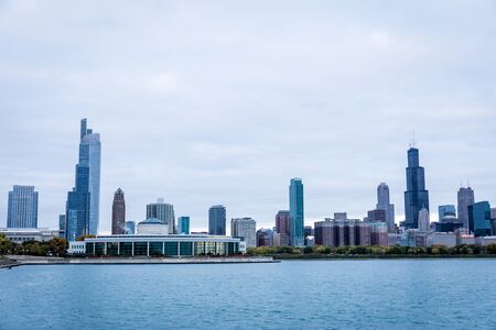 Chicago skyline panorama in the fall on overcast dayの写真素材