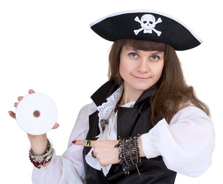 Pirate - woman with disc isolated on white backgroundの写真素材
