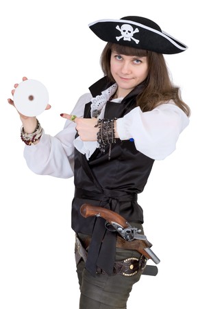 Pirate - woman with disc isolated on white backgroundの写真素材
