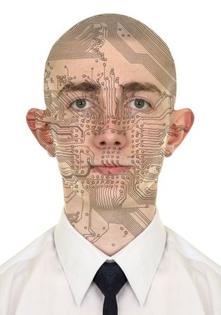 Person with a circuit computer skin on white backgroundの写真素材