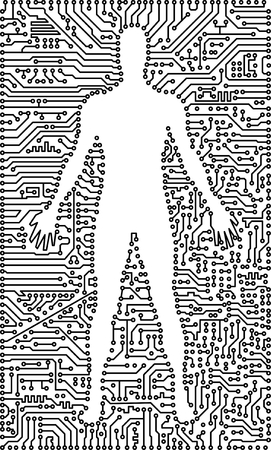 Silhouette of the man in an electronic computer tech backgroundのイラスト素材