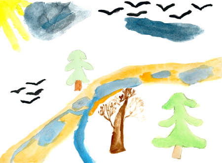 Illustration made the small child a paint on a white paperの写真素材