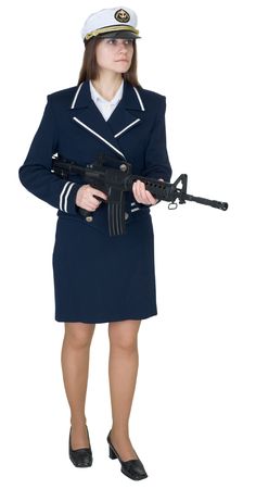 Beautiful woman in uniform sea captain with a rifle, isolated on a white backgroundの写真素材